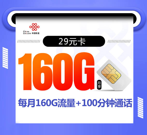 联通长期套餐来了，29元月租160G流量+100分钟通话